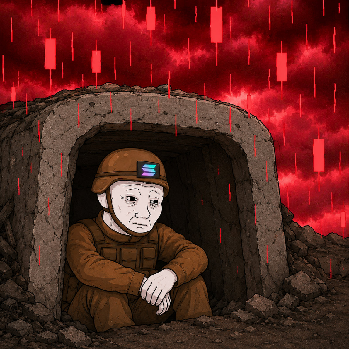 Solvivor sitting in the bunker under a red candle sky